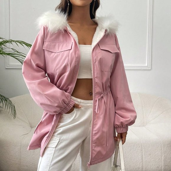 Pink Preppy Womens Fuzzy Trim Drawstring Waist Hooded Coat - Picture 4 of 5